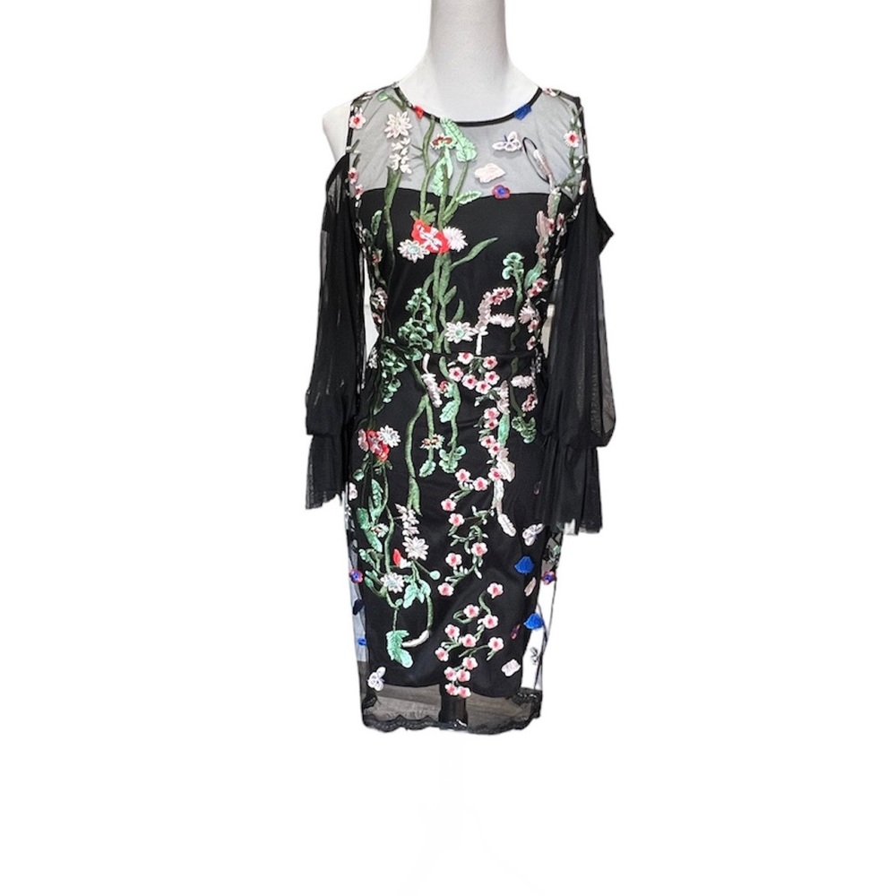 JAX Black Label Floral Print Dress w/ Sheer Sleeves / Color: Black / Size: 6
